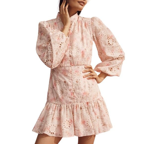 Bardot Hendry Long-Sleeve Floral Lace Mini Dress Size 4 Pink Floral - Picture 1 of 9
